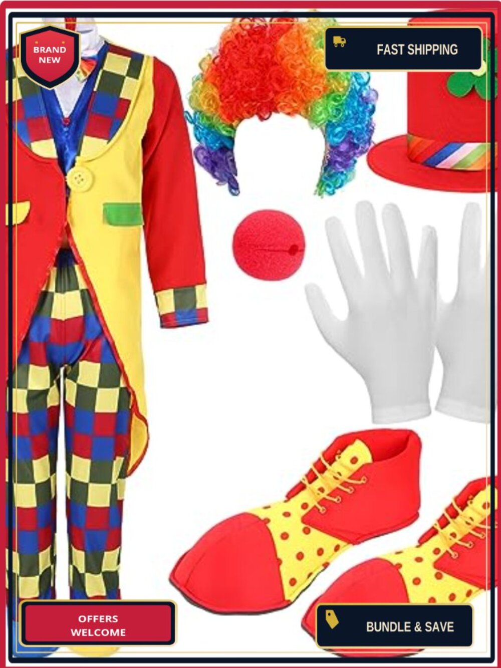7 Pc Clown Costume Set Halloween Rainbow Wig Hat Nose